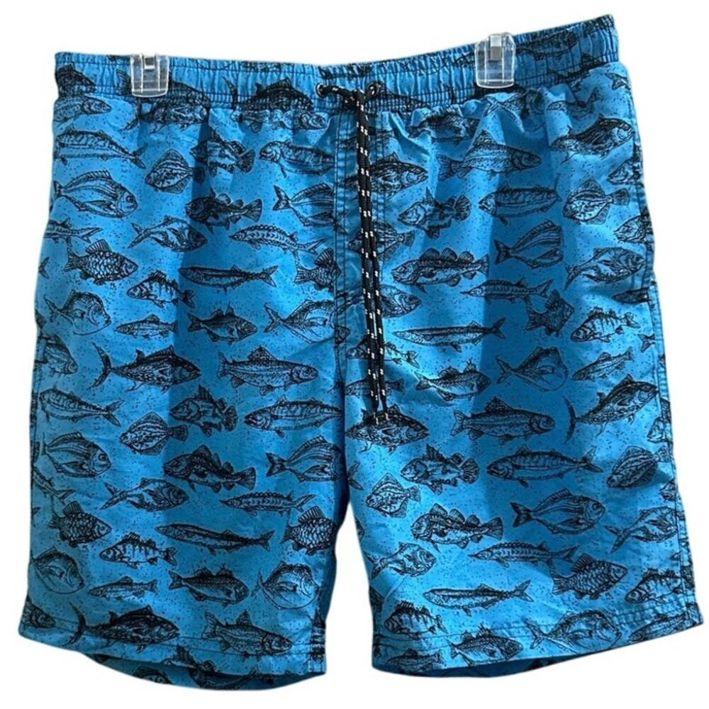 Distortion Boys XL Swim Trunks Swimsuit Blue w Fish Pattern Vintage BXL Y2K EUC